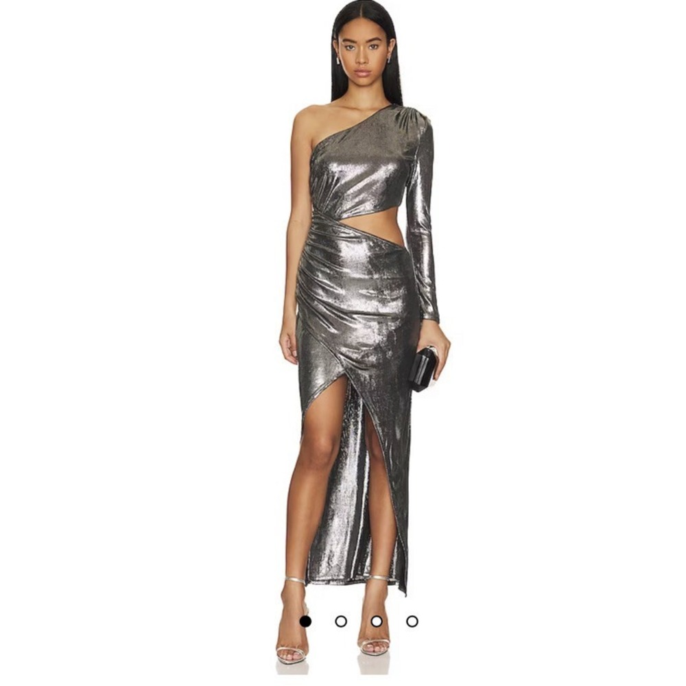 Karina Grimaldi Tara revolve Dress gown maxi cutout silver gunmetal xs NWT